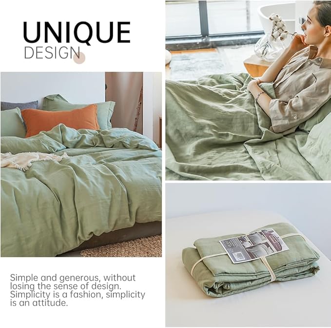 Simple&Opulence 100% Linen Duvet Cover Set 3pcs Basic Style Natural French Washed Flax Solid Color Soft Breathable Farmhouse Bedding with Button Closure - Sage Green, Full