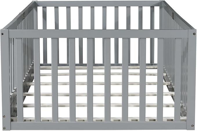 Bellemave Twin Size Montessori Floor Bed with 21.5" High Rails, Rubber Wood Twin Floor Bed with Slats and Door, Gray