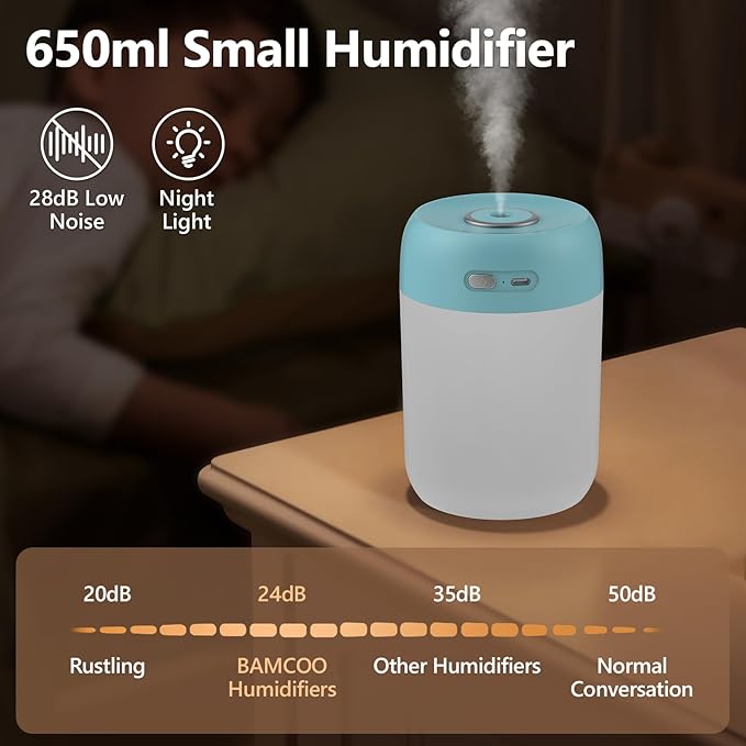 Portable Small Humidifier, 650ml Colorful Mini Humidifier for Bedroom, Office Desktop, Baby Room, Plants, Cool Mist Humidifiers(Blue)