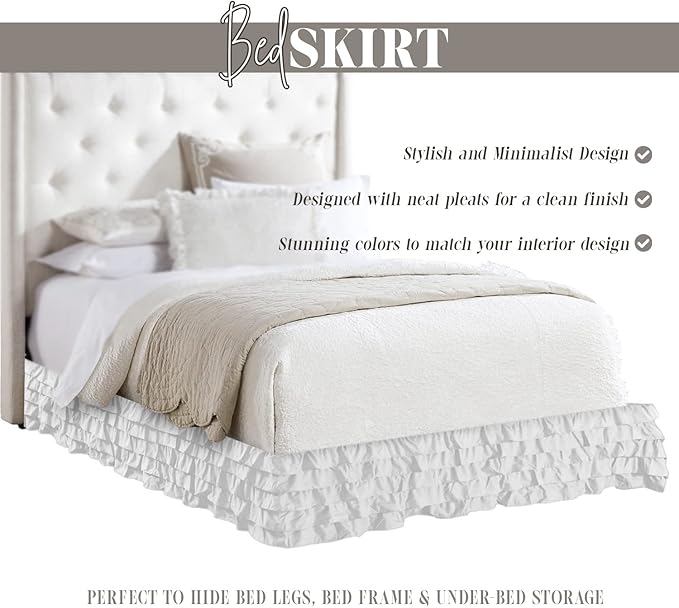 Elegant Comfort Leila Collection Multi-Ruffle Bed Skirt, 1500 Thread Count Egyptian Quality, Easy Fit Dust Ruffle, 15 inch Drop, Wrinkle and Stain Resistant, MultiRuffle, King, Snowy White