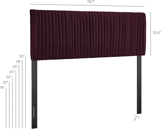Modway Eloise King Velvet Headboard with Ruched Details in Mulberry - Modern Bed Headboard Only with Stain-Resistant Performance Upholstery, Height-Adjustable Mount