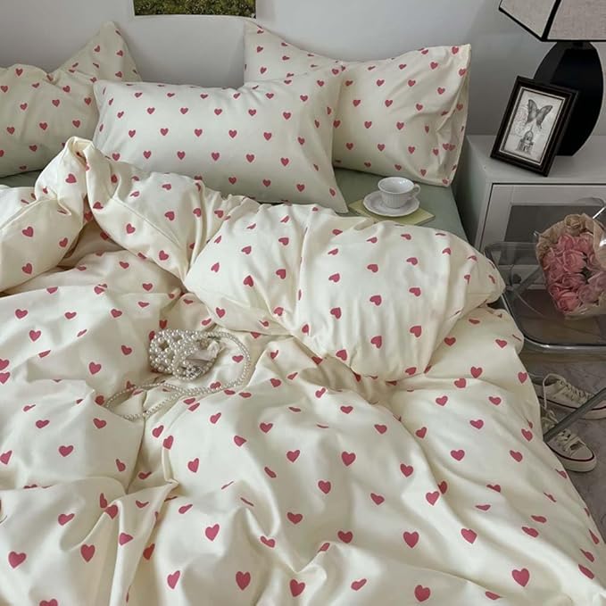 Nayoroom Heart Duvet Cover Twin Size Kawaii Pink Heart Printed on Cream White Bedding Set 2Pcs Kids Girls Cute Heart-Shaped Pattern Comforter Cover with Zipper Closure Soft Breathable Microfiber