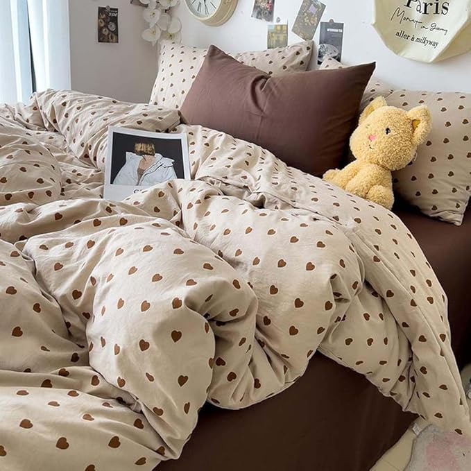 Nayoroom Brown Heart Duvet Cover King Size Vintage Hearts Printed on Taupe Duvet Cover Kids Girls 3 Pieces Soft Microfiber Farmhouse Bedding Set with Zipper Closure