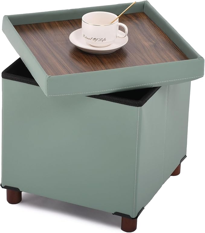 Dorriss Storage Ottoman, Ottoman with Storage for Living Room Square Ottoman with Tray Lid Bedroom Storage Footstool Cube Small Ottomans Foot Rest Stool with Legs Foldable Faxu Leather 15" Inches
