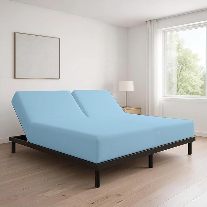 Cottingon 1 Piece Top Split King Fitted Sheet Only for Adjustable beds, Premium 100% Egyptian Cotton, 34 Inches Half Split Flex Head Bottom Sheet for Sleep Number Beds 16" Deep Mattress, Light Blue