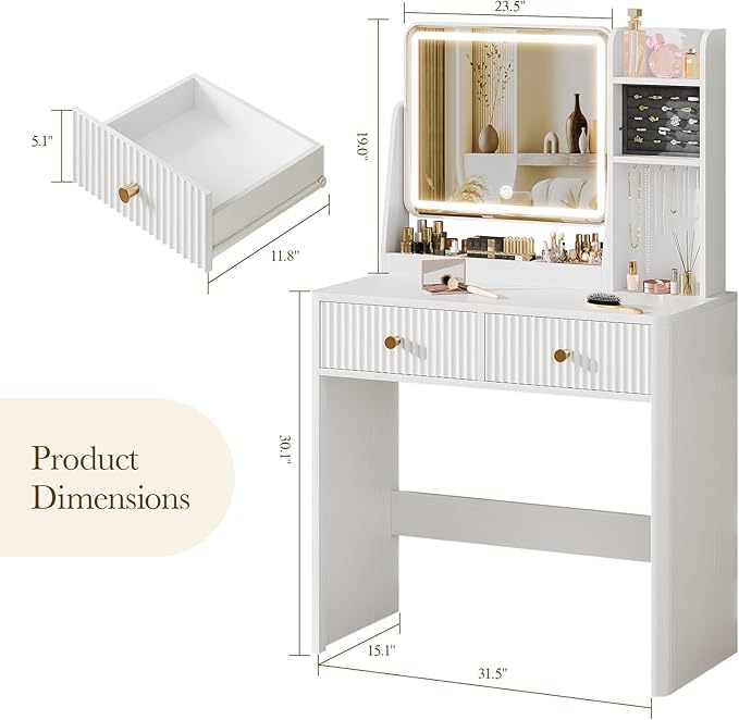 Memobarco Fluted Vanity Desk with Mirror and Lights, Small Makeup Vanity with 2 Drawers and Jewelry Storage Cabinet, 3 Lighting Modes Adjustable Brightness, Dressing Table for Bedroom - White