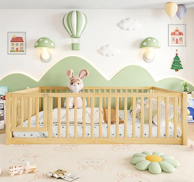 Bellemave Queen Size Montessori Floor Bed with 23.5" High Rails, Pine,Plywood Queen Floor Bed with Small Door, Natural
