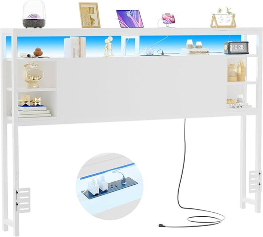 Unikito Queen Size Headboard with Storage, Headboards with Power Outlets and RGB LED Lights, Sturdy Head Board for Queen Size Bed, Stable Headboard Only for Bedroom, Dorm Room, Guest Room, White