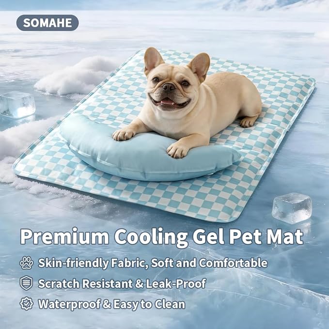 SOMAHE Pet Cooling Mats Pad for Dogs, Portable Summer Self-Cooling Mat with Removable Crescent Pillow for Small Dogs & Cats (Q-Max>0.5), Non-Toxic, All-Day Cooling, 27 x 20 Inches Blue
