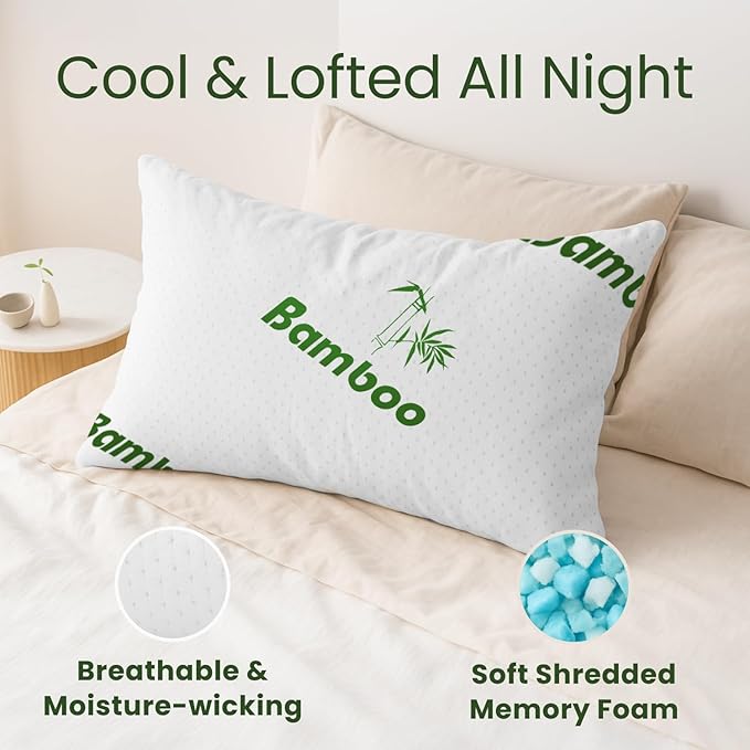 Memory Foam Pillows Queen Size Set of 2 - Cooling Bed Pillows for Sleeping - Back, Stomach, Side Sleeper Soft, Comfy Cool Shredded - 2 Pack, Rayon Derived from Bamboo