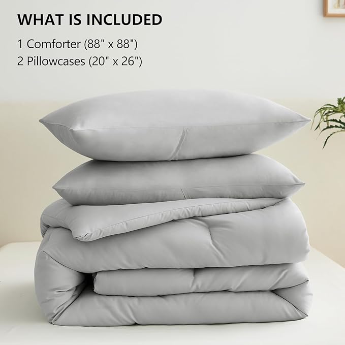 CozyLux Queen Comforter Set Light Grey, 3 Pieces Solid Comforters Queen Size Breathable Bedding Sets, Light Gray Luxury Soft Lightweight Bed Set with Down Alternative Comforter and 2 Pillowcases