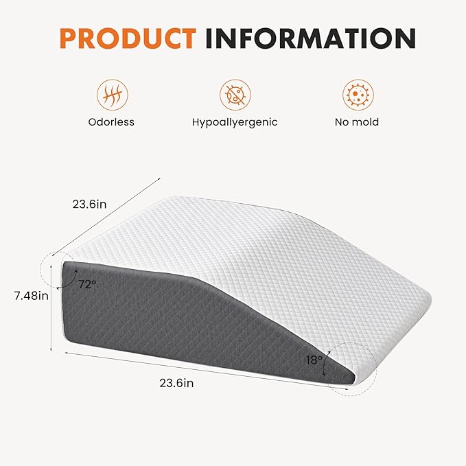 Sweetcrispy 7 Inch Wedge Pillow, Body Pillow for Sleep Apnea, Neck Pain Relief, Post Surgery, Sleeping Comfort, Snoring, White & Grey