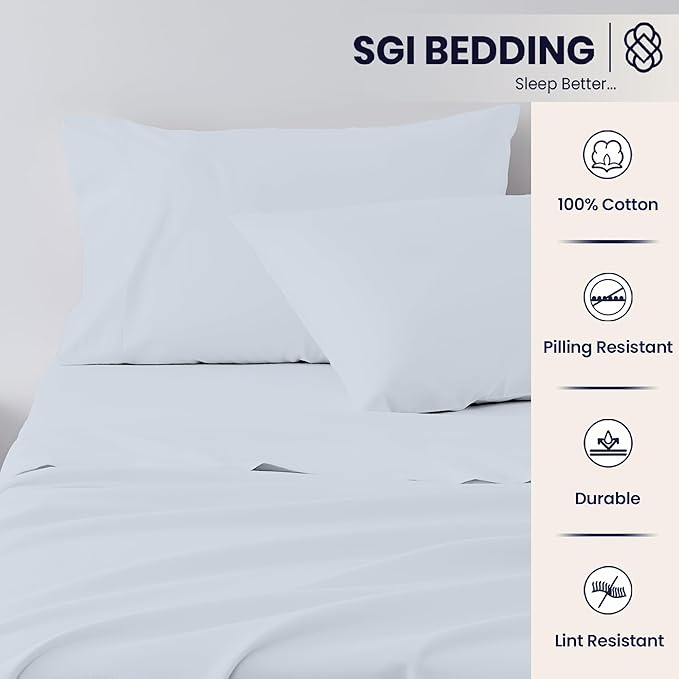 SGI Split King Sheet Set for Adjustable Bed Egyptian Premium Cotton 600 Thread Count Sheets for Sleep Number Bed 15" Deep Pocket 5 Pc Set with 2 Twin XL Fitted Sheets Soft Breathable -Light Blue