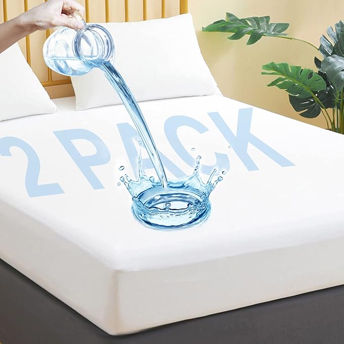 Waterproof Mattress Protector Twin Size, 2 Pack Breathable Mattress Cover, Fitted Deep Pocket Mattress Pad Cover Stretches up to 21 Inches, Soft Noiseless Bed Cover