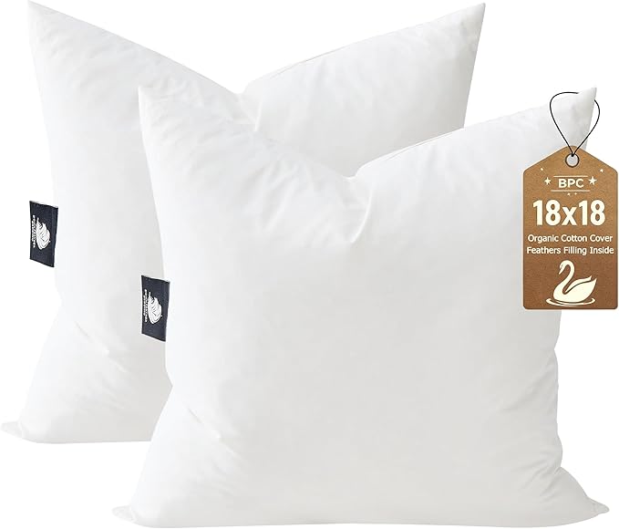 BPC 18x18 Down Feather Throw Pillow Inserts Set of 2, 100% Organic Cotton Cover, Soft Square Decorative Pillow for Sofa, Couch and Bed, White