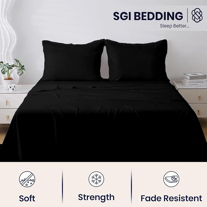 SGI bedding 100% Egyptian Cotton Sheets Full XL Size – 600 Thread Count Sheets Set, Soft, Cooling, 15" Deep Pocket, Luxury Hotel Bedding, Breathable, Durable - Black