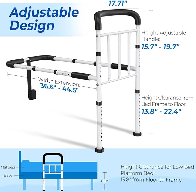 Bed Rails for Elderly Adults Safety - ASTM Approved Adjustable Bed Cane with Non-Slip Ergonomic Handle & Storage Pocket, 400 LBS Stable Bed Assist Rails for Seniors, Tool-Free, Model