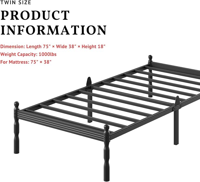 ZIYOO Twin Size Bed Frame with Mattress Slide Stopper, 18 Inches Heavy Duty Sturdy Platform with Vintage Style, Anti-Slip Design, Easy Assembly, No Box Spring Needed