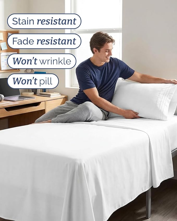 Twin XL 4 Piece Sheet Set - Comfy, Breathable & Cooling - Hotel Luxury Bedding for Women, Men, Kids, Teens and Children - 1 Flat & 1 Fitted Sheet & 2 Pillowcases w/ Deep Pockets - Wrinkle Free - White