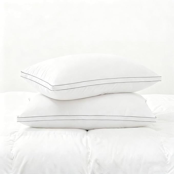Feather Pillows Queen Size Set of 2 Goose Down Pillows with 100% Breathable Cotton Cover, Hotel Collection Bed Pillows for Sleeping, Soft Support for Back, Stomach and Side Sleepers