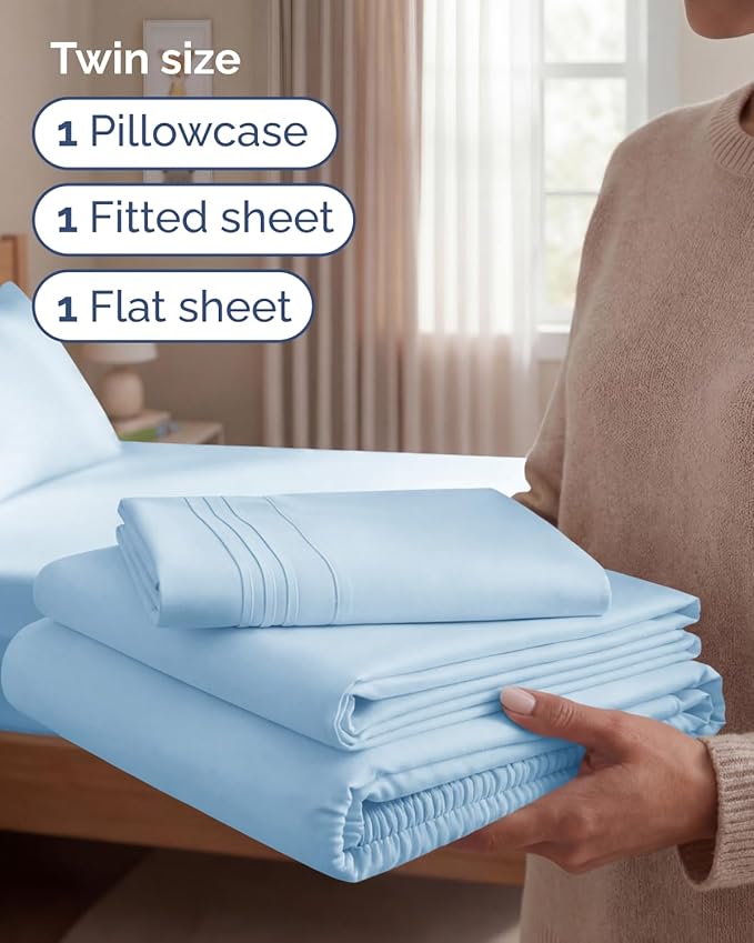 Twin Size 3 Piece Sheet Set - Comfy Breathable & Cooling Sheets - Hotel Luxury Bed Sheets for Women and Men - Deep Pockets, Easy-Fit, Soft and Wrinkle Free Sheets - Light Blue Oeko-Tex Bed Sheet Set