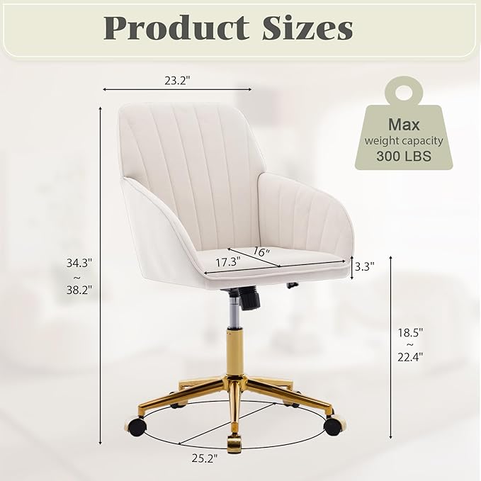 Velvet Vanity Chair with Wheels, Height Adjustable Swivel Makeup Chair, Armless Small Desk Chair for Bedroom/Office/Vanity Table, 250 lbs Capacity (Velvet, White-2)