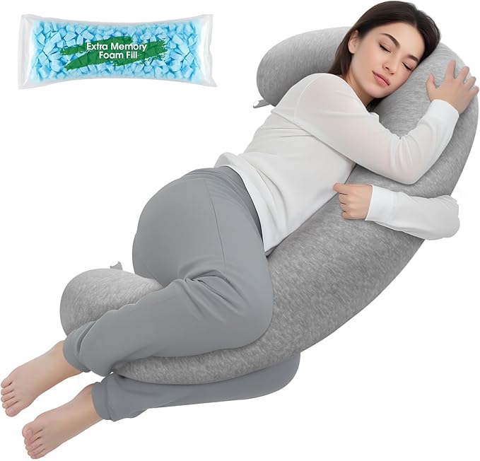 TranquilRelax C Shaped Body Pillow for Side Sleepers, Memory Foam Long Pillow for Leg, Hip & Back Support, Soft Washable Cover,Grey-47"*10"