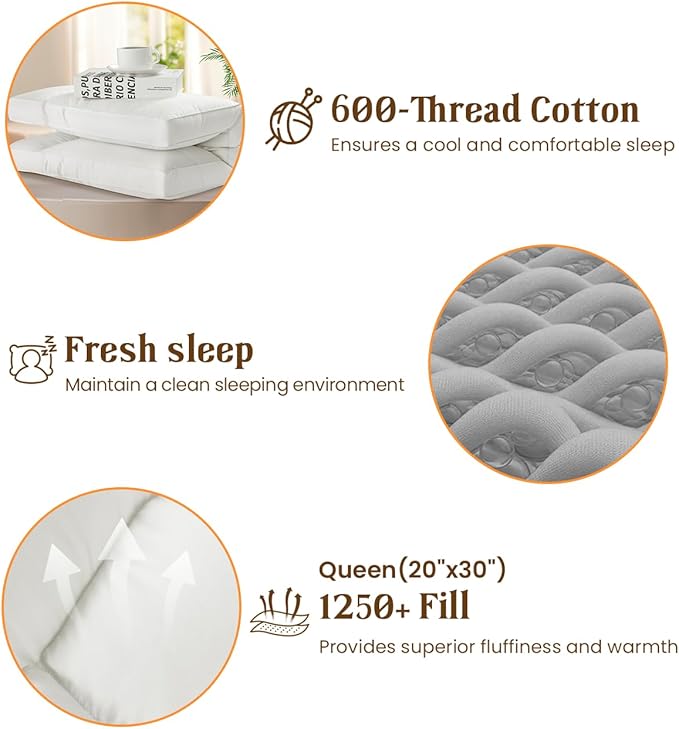 Goose Down Pillow Queen Size Set of 2, Cervical Support for Neck Pain Relief, 1250+ Fill Power, 600 Thread Count Cotton Shell, for Side, Back, and Stomach Sleepers(White,Queen(Pack of 2))