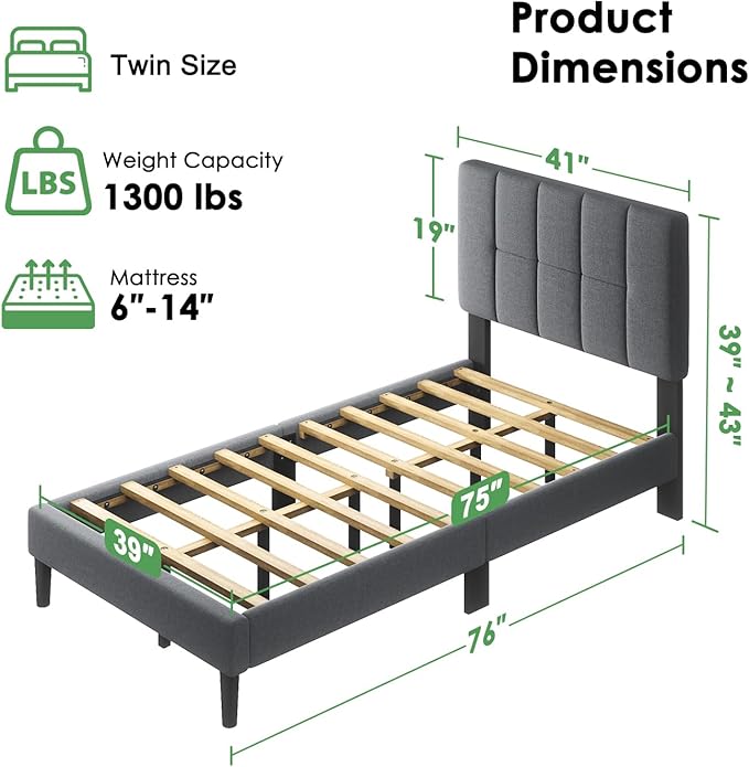 Marsail Twin Size Bed Frame with Headboard, Sturdy and Durable with 12 Support Legs, 1300 lbs Capacity, Solid Wooden Upholstered Adjustable Headboard for 6"-12" Mattresses, Easy Assembly,Dark Gray