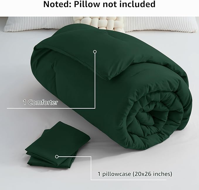 CozyLux Twin Comforter Set Emerald Green, 2 Pieces Twin Extra Long Solid Breathable Bedding Sets College Dorm, Twin XL Luxury Soft Bed Set with Down Alternative Comforter and 1 Pillowcase All Seasons
