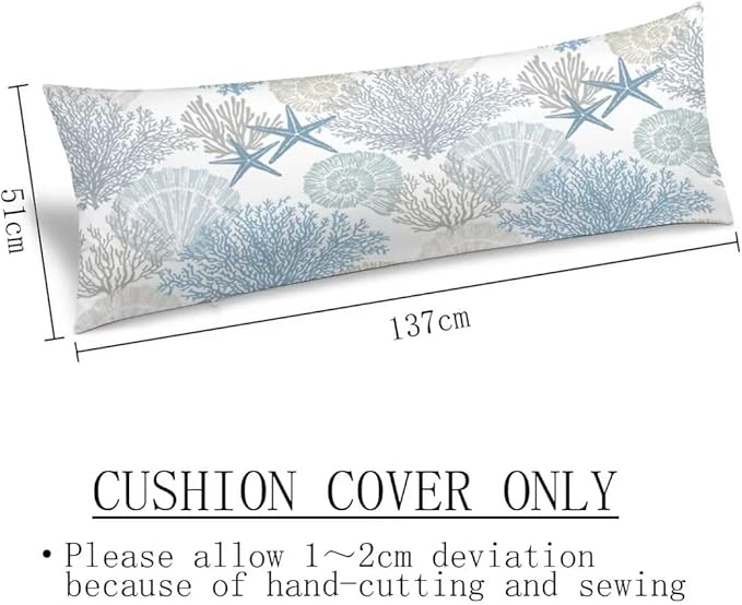 Beach Theme Body Pillow Cover,Nautical Blue Coral Starfish Ocean Marine Coastal,Long Pillow Case with Zipper Rectangle Bedding Pillowcase Decorative Soft Cushion Covers for Bedroom,20"x54",Teal Blue