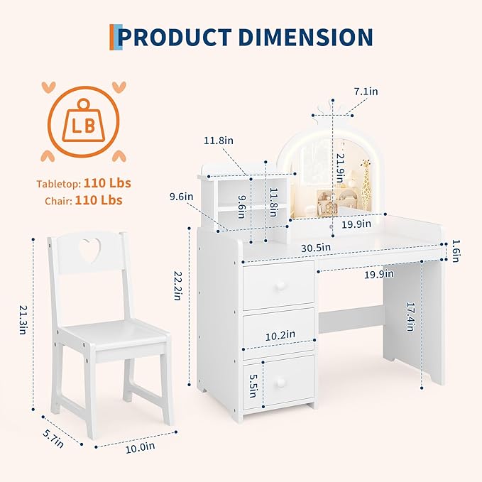 GarveeHome Kids Vanity Desk with Mirror and Lights, White Princess Wooden Makeup Vanity with Chair, Storage Shelves and Drawers, 2-in-1 Girls Dressing Table