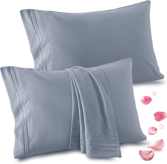 Vonty 2 Pack King Pillow Cases - 20x40 Inch, 1800 Thread Count Microfiber Pillowcases King Size Grey Pillow Cases Luxury & Soft Embroidered Bed Pillow Covers with Envelope Closure