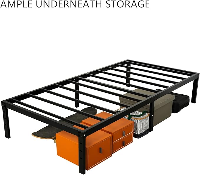 Wulanos Twin Size Bed Frame, 3500lbs Heavy Duty Metal Platform with Steel Slats Support, No Box Spring Needed, 14 inches high Bedframe with Ample Storage, Sturdy and Noise-Free, Black