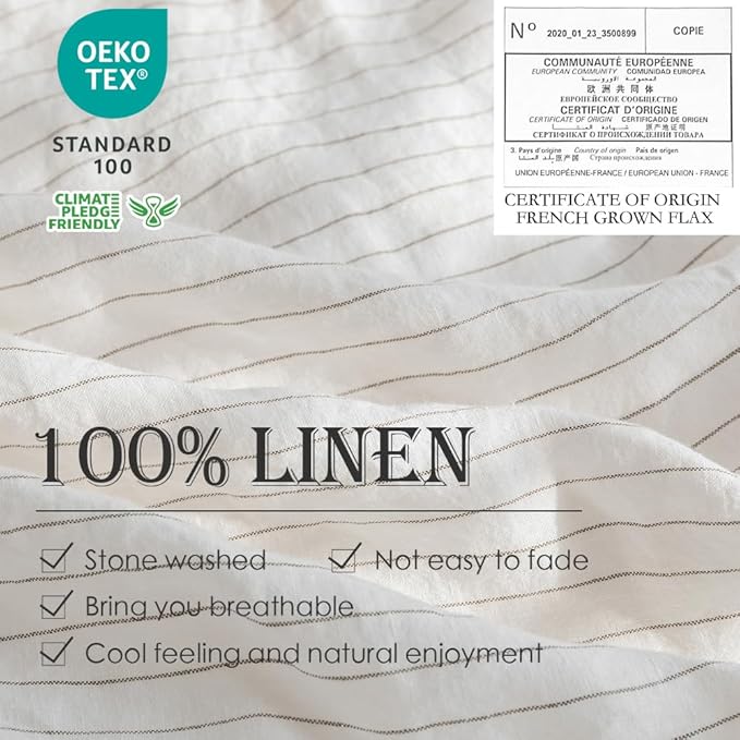 Simple&Opulence 100% Linen Duvet Cover Set 3pcs Yarn Dyed Vertical Pinstripe Ticking Pattern Natural French Washed Flax Breathable Farmhouse Bedding - Grey Stripe, King Size