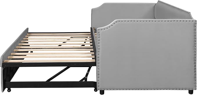 Merax Modern Twin Size Upholstered Sofa Day Bed with Pop Up Trundle, Twin to King Extendable Dayed for Living Room Bedroom Guest Room Space Saving, Gray