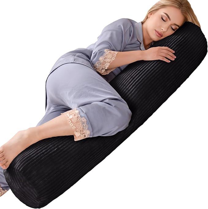 1 MIDDLE ONE Body Pillow, Memory Foam Round Body Pillows for Adults, Firm Long Bolster Pillow for Bed, Cylinder Tube Roll Pillow with Velvet Cover, 47x7.87 Inches (Black (Corduroy))