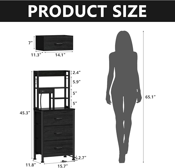 Furnulem Tall Night Stand with 3 Fabric Drawers and LED Lights, Nightstand with Bookshelf, 45.3inch Tall Bedside Tables with USB Ports in Bedroom, Dorm, Office,Metal Frame, Wood Shelves (Black Oak)