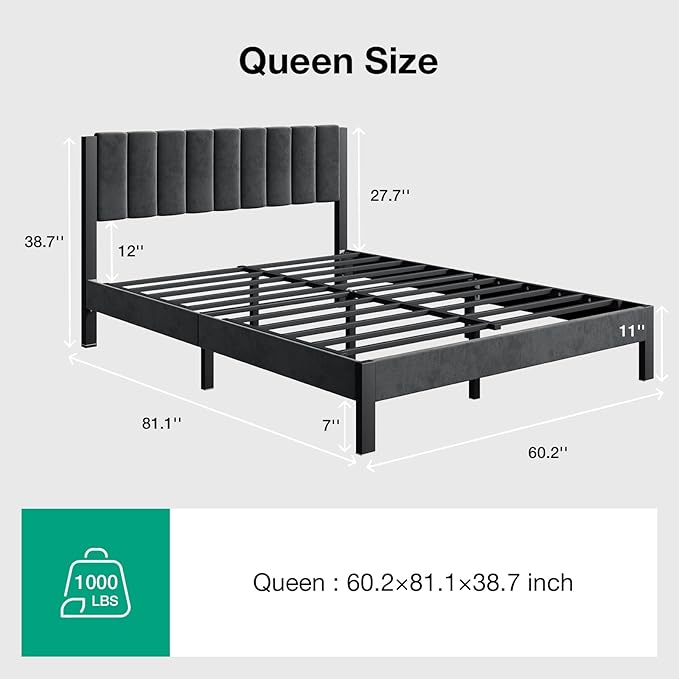 Novilla Queen Bed Frame with Piano Keys Headboard and Footboard, Metal Platform Bed Frames Queen Size, No Box Spring Needed, Easy Assembly, Steel Slats Support, Velvet Black