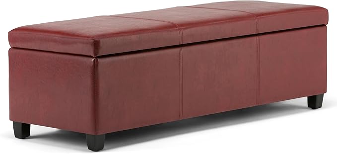 SIMPLIHOME Avalon Storage Ottoman Bench - 48" Wide x 16" High Upholstered Vegan Leather Rectangular Lift-Top Ottoman in Red, Contemporary Storage Bench for Living Room with High-Density Foam