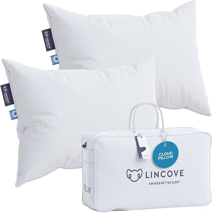 Lincove Cloud Natural Canadian Down Pillow, White Luxury Sleeping Pillow - 625 Fill Power, 500 Thread Count Cotton Shell, Made in Canada, Queen - Firm, 2 Pack