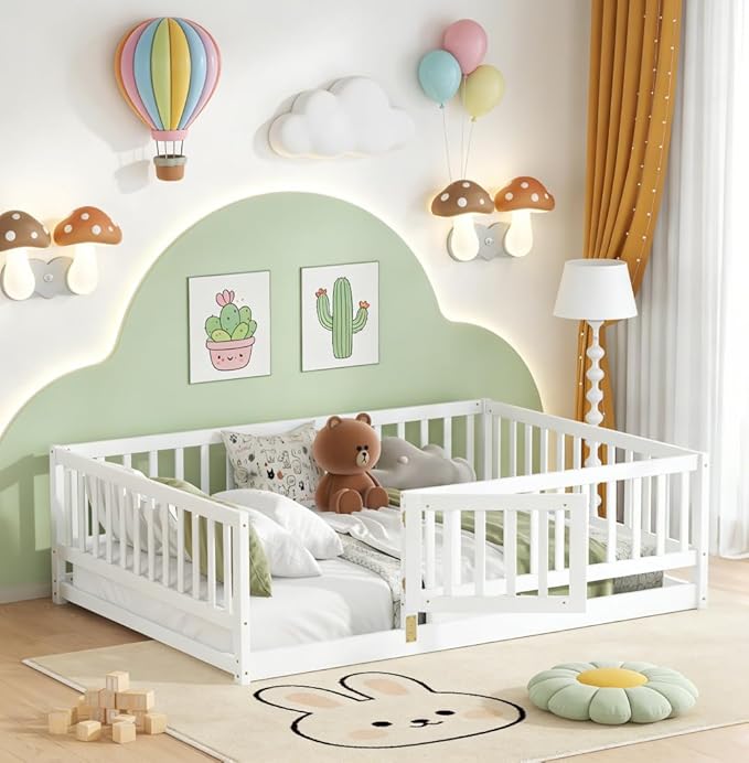 Bellemave Twin Size Montessori Floor Bed with 21.5" High Rails and Slats, Pine,Plywood Floor Bed with Small Door, Natural