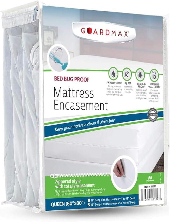 Guardmax Queen Mattress Encasement with Zipper, Waterproof, Bed Bug Proof, and Dust Mite Proof Mattress Protector for Queen Size Bed to 15" Deep, Zippered All Around Jersey Knitted Mattress Cover