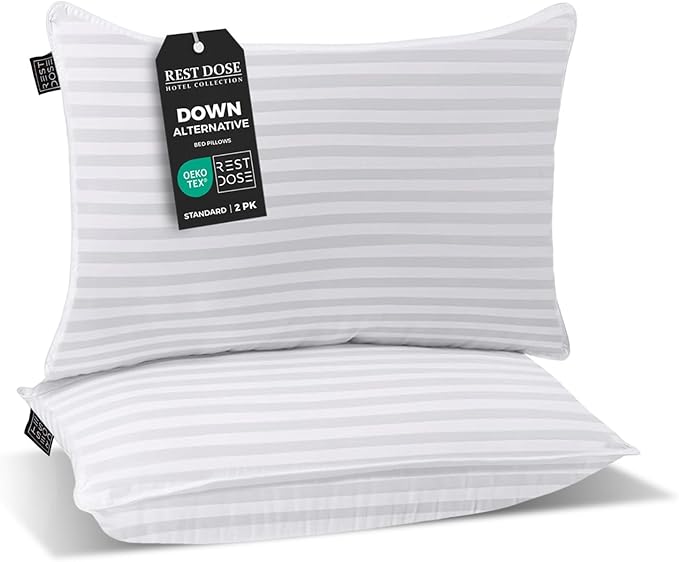 Bed Pillows for Sleeping, Set of 2 – Cooling, Hotel Quality with Soft Down Alternative Fill for Back, Stomach & Side Sleepers | White Striped Standard