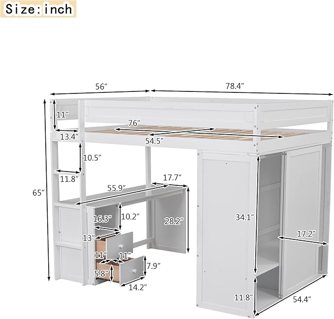 Modern Full Size Loft Bed with Wardrobes and 2-Drawer Desk with Cabinet,Multifunctional Wood Loft Bed for Bedroom,No Box Spring Required (White#Wardrobes, Full)