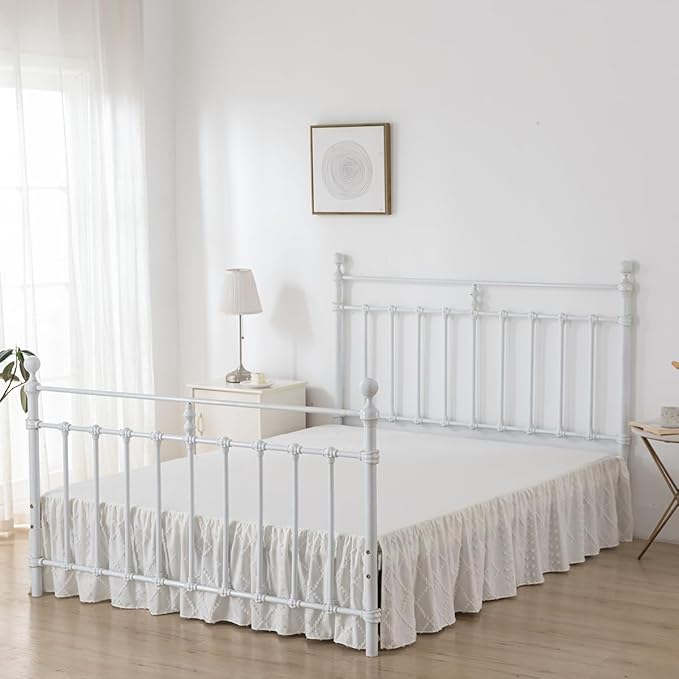 Bed Skirt Twin Size Ruffled Bed Skirt with Split Corners, 18 Inch Drop Dust Ruffle Bed Skirts with Platform, Boho Tufted Shabby Chic Full Size Bed Skirts, Ivory