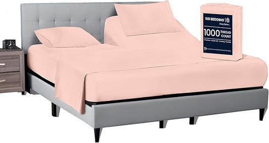 SGI bedding 36" King Split Top Flex Head Sheet 100% Egyptian Cotton Sheet Set 1000 Thread Count Flex Top Sheet for Adjustable Bed 4Pc Sheet Set 15" Deep Pocket for Sleep Number Bed - Peach