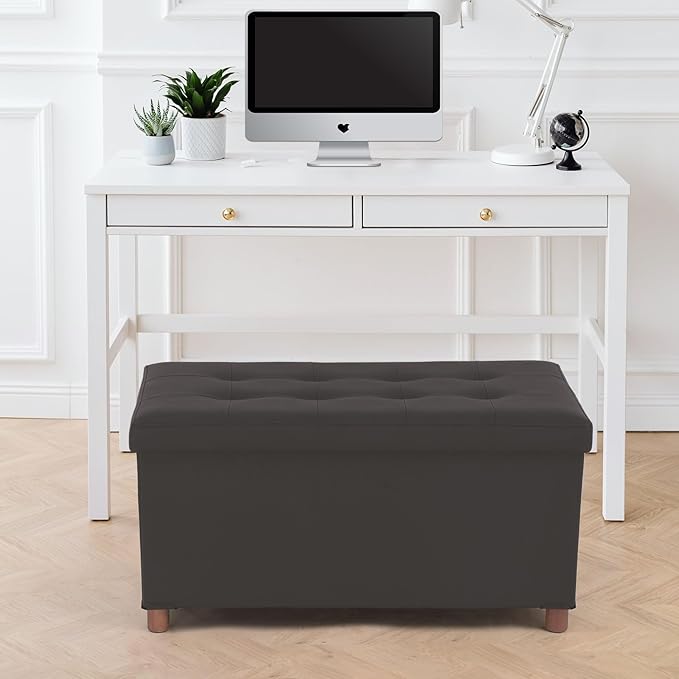 Dorriss Ottoman Storage Bench for Living Room with Tray, Bedroom Foot Stool, Coffee Table Lid, End of Bed Faxu Leather 30" Inch (L-Grey)