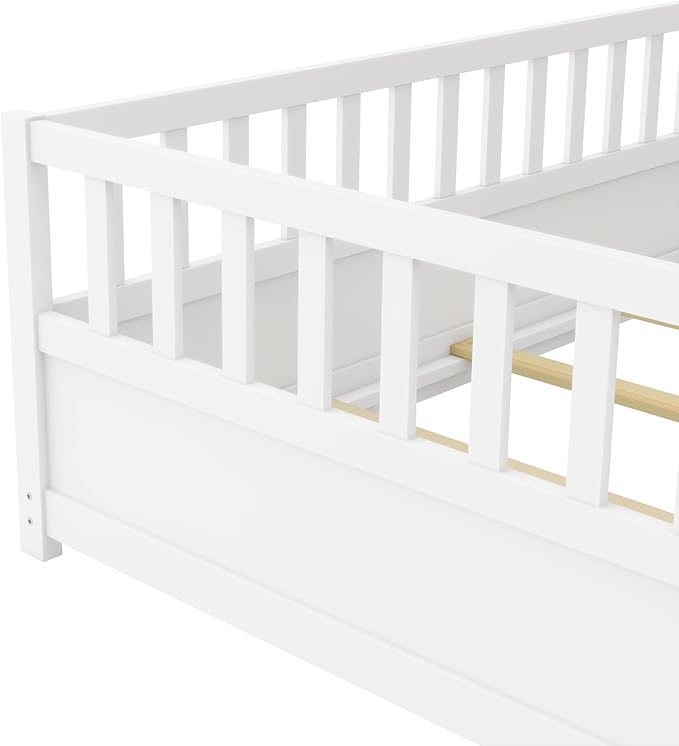 Twin Floor Bed with Slats and High Fence, Twin Size Montessori Floor Beds with Door, No Box Spring Needed, Easy Assemble Montessori Bed Frame(White Twin)