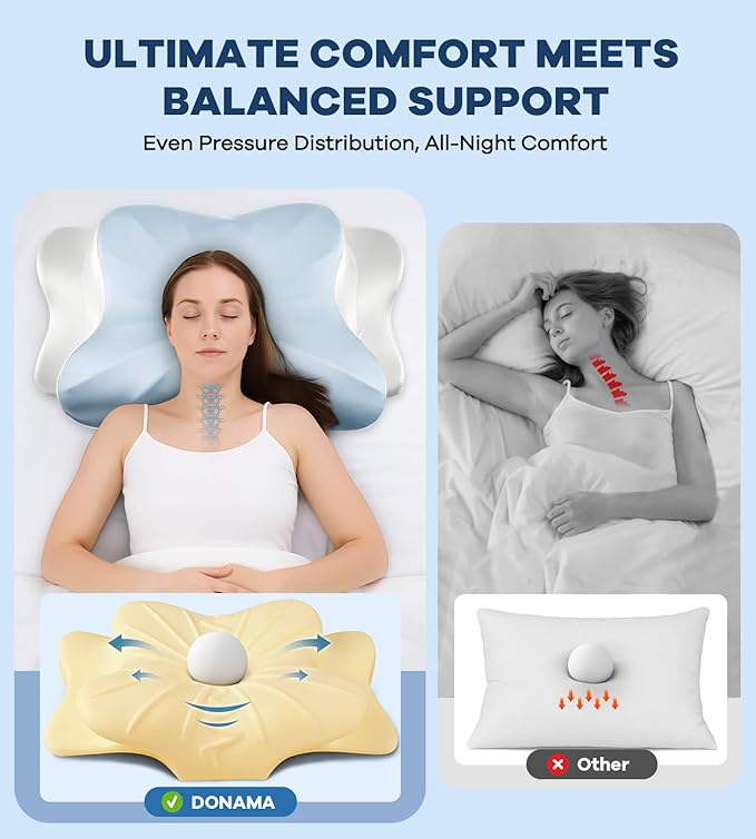 DONAMA Cervical Pillow for Neck and Shoulder Pain Relief, Cooling Contour Memory Foam Pillow, Dual-Height Ergonomic Neck Support Pillow for Side Back Stomach Sleepers with Removable Pillowcase